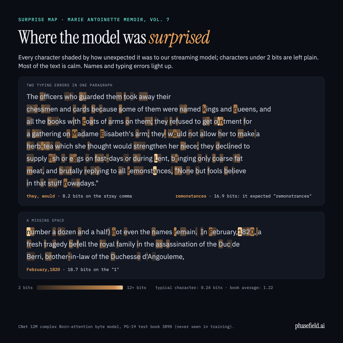 Two passages of the book with every character shaded by surprise; the typos remonstances, they, would and February,1820 stand out